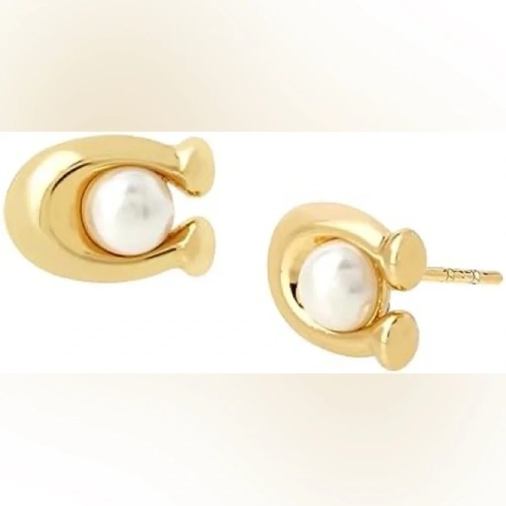 Coach Faux Pearl Gold C Stud Earrings, NWT - Picture 11 of 14